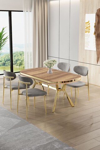 Set masă și scaune (5 bucăți), Hanah Home, Olya, Stejar / Auriu / Gri