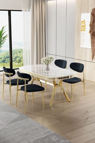 Set masă și scaune (5 bucăți), Hanah Home, Olya, Marmură albă / Auriu / Antracit