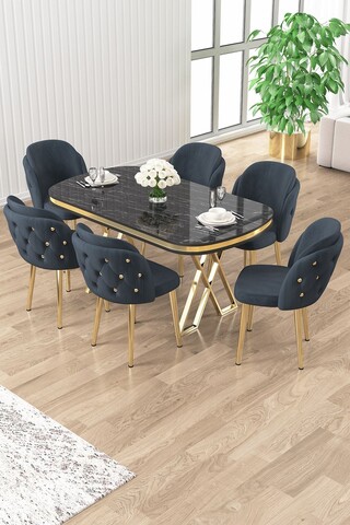Set masă și scaune (7 piese), Hanah Home, Zae, Marmură neagră / Auriu / Antracit