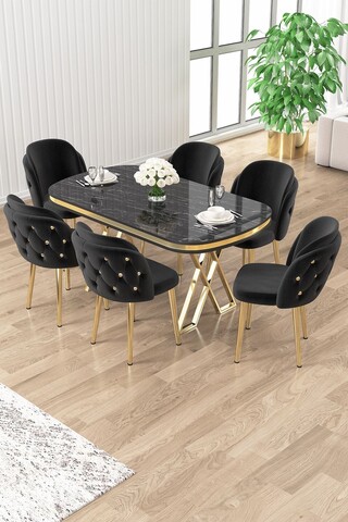 Set masă și scaune (7 piese), Hanah Home, Zae, Marmură neagră / Auriu / Negru