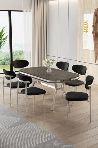 Set masă și scaune (7 piese), Hanah Home, Olya, Antracit / Crom / Negru