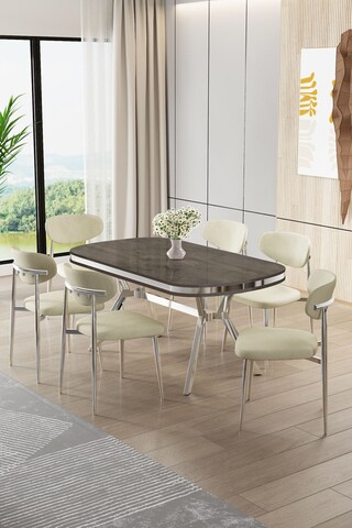 Set masă și scaune (7 piese), Hanah Home, Olya, Antracit / Crom / Crem