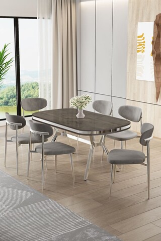 Set masă și scaune (7 piese), Hanah Home, Olya, Antracit / Crom / Gri