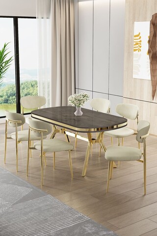Set masă și scaune (7 piese), Hanah Home, Olya, Antracit / Auriu / Crem