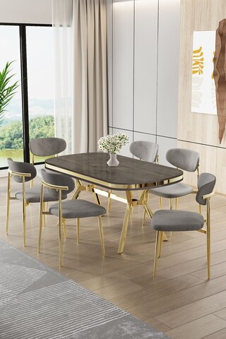 Set masă și scaune (7 piese), Hanah Home, Olya, Antracit / Auriu / Gri