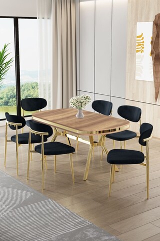 Set masă și scaune (7 piese), Hanah Home, Olya, Stejar / Auriu / Antracit