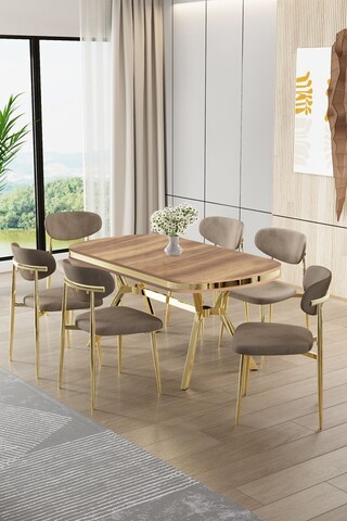 Set masă și scaune (7 piese), Hanah Home, Olya, Stejar / Auriu / Cappuccino