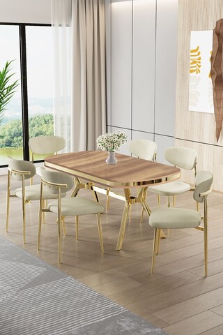 Set masă și scaune (7 piese), Hanah Home, Olya, Stejar / Auriu / Crem