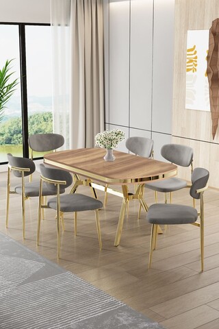 Set masă și scaune (7 piese), Hanah Home, Olya, Stejar / Auriu / Gri