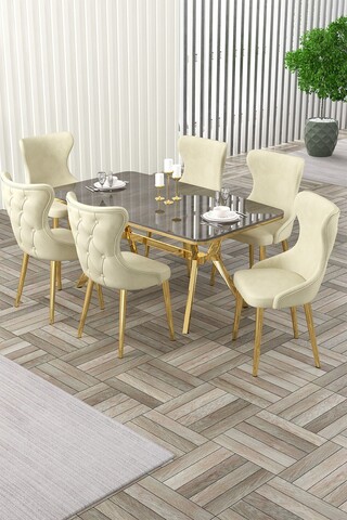 Set masa extensibila si scaune, Hanah Home, Esla, Antracit / Auriu / Crem