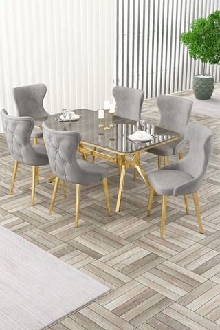 Set masa extensibila si scaune, Hanah Home, Esla, Antracit / Auriu / Gri