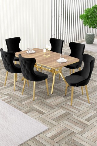 Set masa extensibila si scaune, Hanah Home, Esla, Stejar / Auriu / Negru
