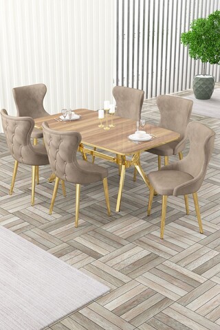 Set masa extensibila si scaune, Hanah Home, Esla, Stejar / Auriu / Cappuccino