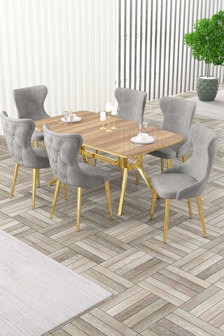 Set masa extensibila si scaune, Hanah Home, Esla, Stejar / Auriu / Gri