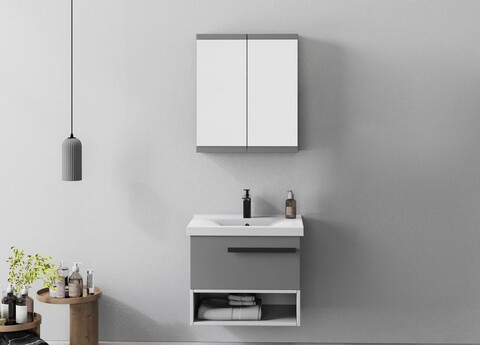 Set mobilier de baie (2 piese), Hanah Home, Blanc 65, Gri Mat