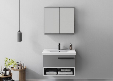 Set mobilier de baie (2 piese), Hanah Home, Blanc 80, Gri Mat