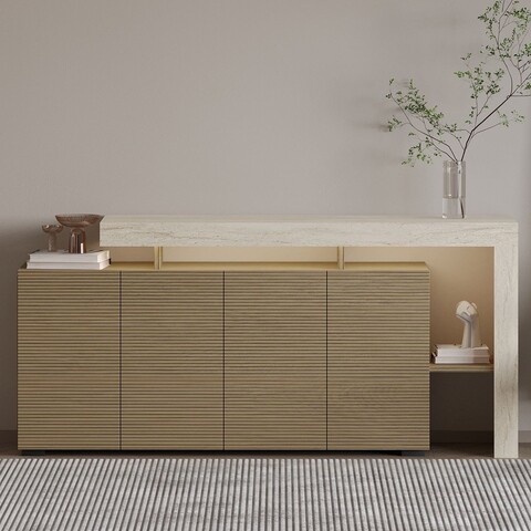 Consola, Hanah Home, Beliz, 170x80x35 cm, Travertin / Stejar cald