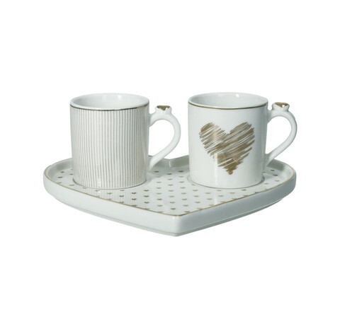 Set 2 cesti si farfurie, Tete A Tete Amore Mio Cuor, Brandani, 17.5x15.5x6 cm, 60 ml, portelan New Bone China
