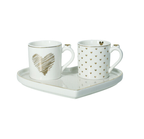Set 2 cesti si farfurie, Tete A Tete Amore Mio Righe, Brandani, 17.5x15.5x6 cm, 60 ml, portelan New Bone China