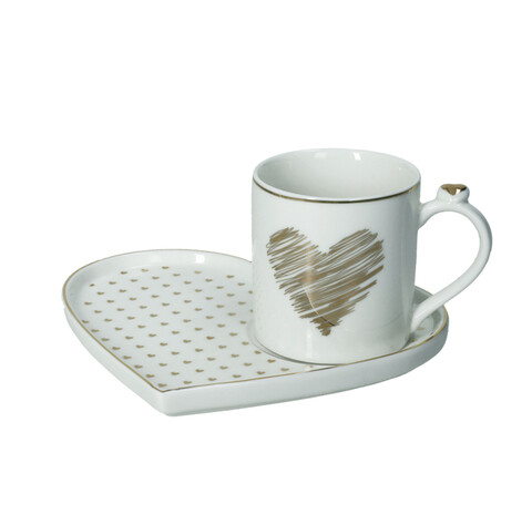 Ceasca cu farfurie, Amore Mio Cuori, Brandani, 17.5x15.5x8 cm, 200 ml, portelan New Bone China