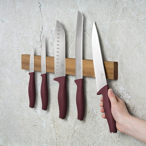 Set 5 cutite cu suport magnetic Berlinger Haus, Leonardo, inox/lemn, visiniu mat/natur