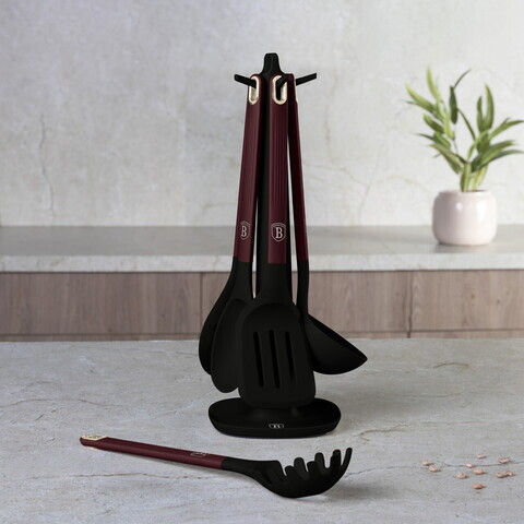 Set 5 ustensile de bucatarie cu suport, Berlinger Haus, Leonardo, nailon/plastic, visiniu mat/negru