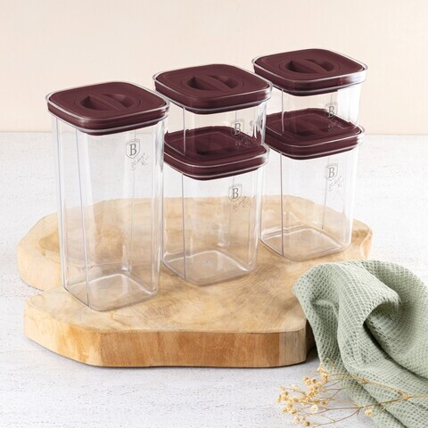Set 5 recipiente depozitare Berlinger Haus, Leonardo, 460 ml / 1.1 L / 1.5 L, plastic, transparent/visiniu