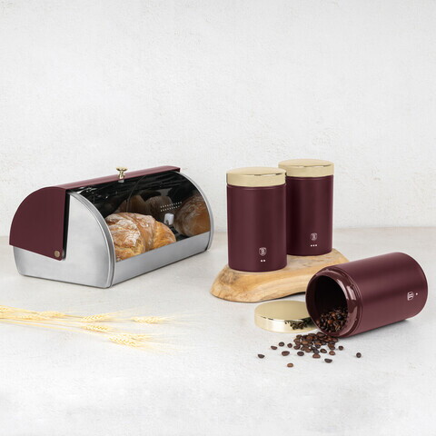 Set cutie pentru paine si 3 recipiente Berlinger Haus, Leonardo, 38.5x28x18.5 cm, inox, visiniu