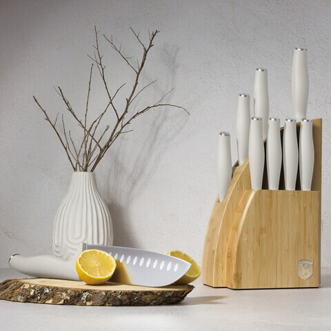Set 9 cutite cu suport Berlinger Haus, Sahara, inox/bambus, crem mat/natur