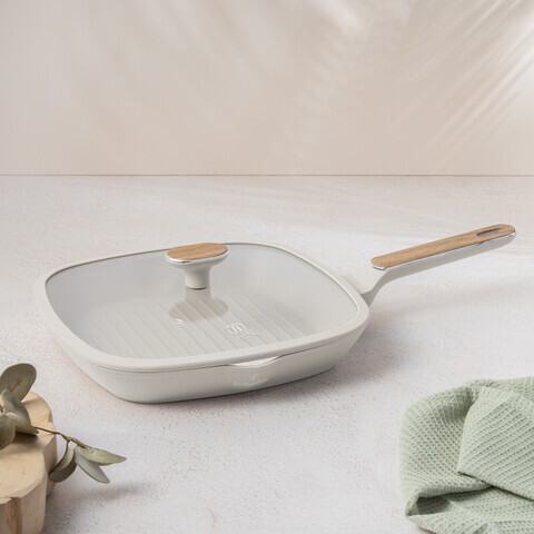 Tigaie grill cu capac Berlinger Haus, Sahara Nordic, 28 cm, 2.1 L, aluminiu forjat, crem mat/natur