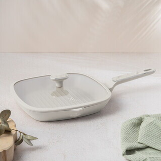 Crem mat;Marmura, Tigaie grill cu capac 28 cm