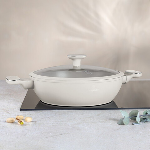 Oala cu capac Berlinger Haus, Sahara Marble, 28 cm, 3.8 L, aluminiu forjat, crem mat/marmura