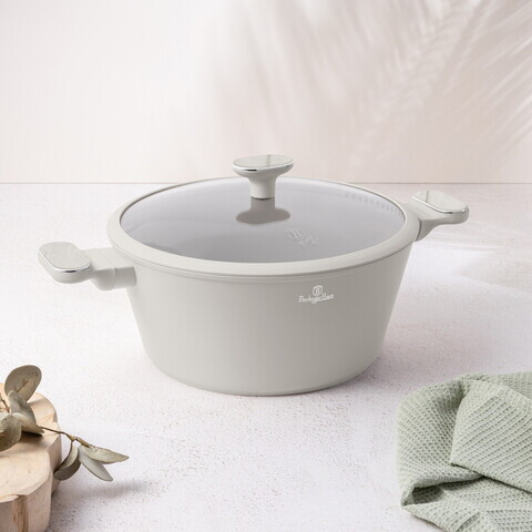 Oala cu capac Berlinger Haus, Sahara Marble, 28 cm, 6.3 L, aluminiu forjat, crem mat/marmura