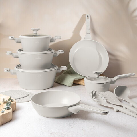 Set pentru gatit Berlinger Haus, Sahara Marble, 15 piese, aluminiu forjat, crem mat/marmura