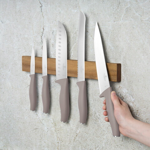 Set 5 cutite cu suport magnetic Berlinger Haus, Taupe, inox/lemn, taupe mat/natur