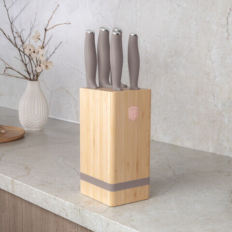 Set 5 cutite cu suport patrat Berlinger Haus, Taupe, inox/bambus, taupe mat/natur