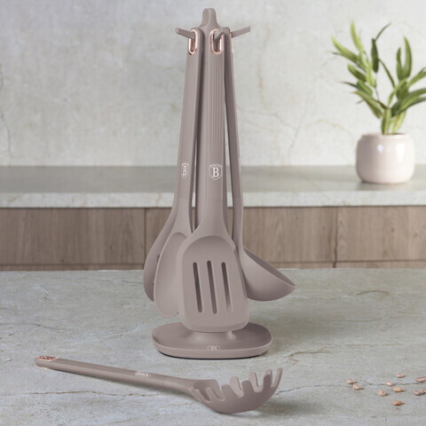 Set 5 ustensile de bucatarie cu suport, Berlinger Haus, Taupe, nailon/plastic, taupe mat