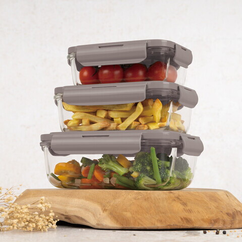 Set 3 caserole cu capac Berlinger Haus, Taupe, 570 ml / 840 ml / 1.18 L, sticla/plastic, taupe/transparent