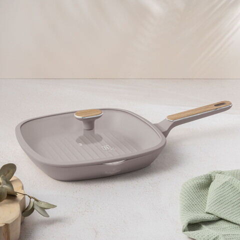 Tigaie grill cu capac Berlinger Haus, Taupe Nordic, 28 cm, 2.1 L, aluminiu forjat, taupe mat/natur