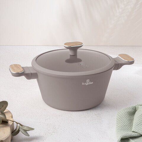 Oala cu capac Berlinger Haus, Taupe Nordic, 24 cm, 4.3 L, aluminiu forjat, taupe mat/natur