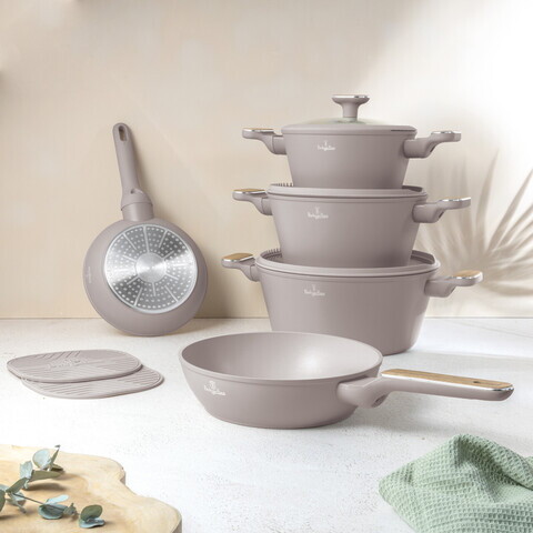 Set pentru gatit Berlinger Haus, Taupe Nordic, 10 piese, aluminiu forjat, taupe mat/natur