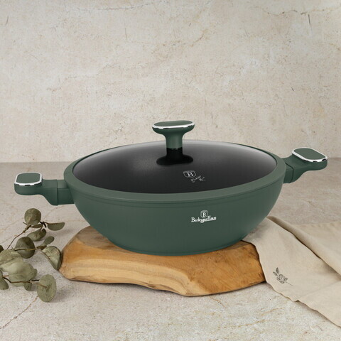 Tigaie Wok cu capac Berlinger Haus, Matte Green, 30 cm, aluminiu forjat, verde mat