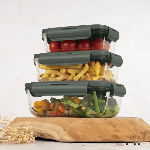 Set 3 caserole cu capac Berlinger Haus, Matte Green, 570 ml / 840 ml / 1.18 L, sticla/plastic, verde/transparent