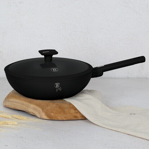 Tigaie Wok cu capac Berlinger Haus, Matte Black, 28 cm, 3.2 L, aluminiu forjat, negru