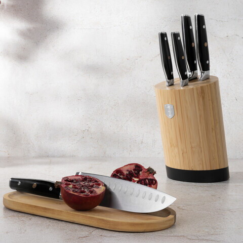 Set 5 cutite cu suport Berlinger Haus, Matte Black, inox/bambus, negru/natur