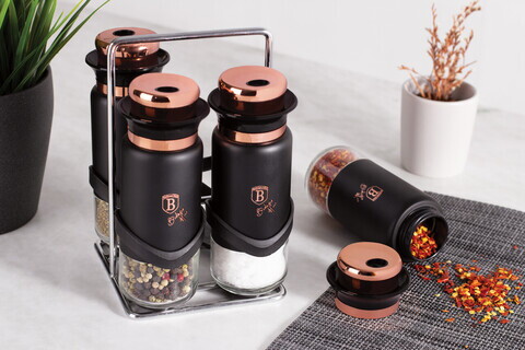 Set 4 recipiente pentru condimente si suport Berlinger Haus, Black Rose, inox/sticla, negru/roz