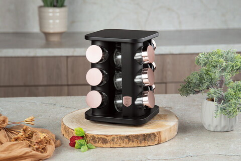 Set 12 recipiente pentru condimente si suport Berlinger Haus, Black Rose, 18x21.5 cm, 90 ml, sticla, negru/roz