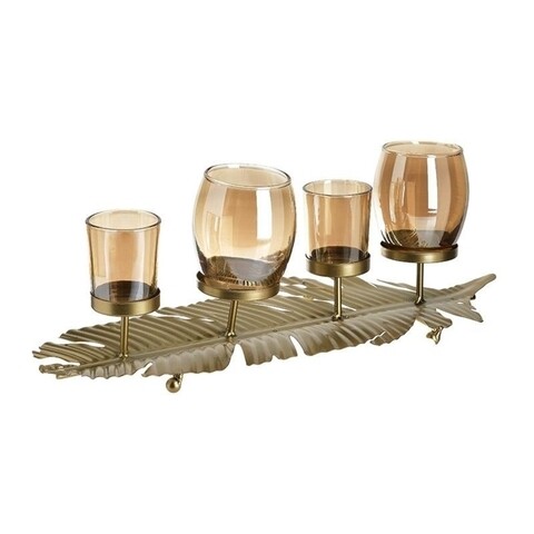 Suport pentru lumanari Leaf, InArt, 4 lumanari, 45 x 15 cm, fier/sticla, auriu