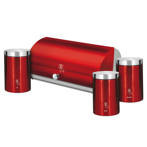 Set cutie pentru paine si 3 recipiente Berlinger Haus, Burgundy, 38.5x28x18.5 cm, inox, rosu/argintiu