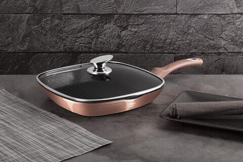 Tigaie grill cu capac Berlinger Haus, Rose Gold, 28 cm, 2.1 L, aluminiu forjat, roz
